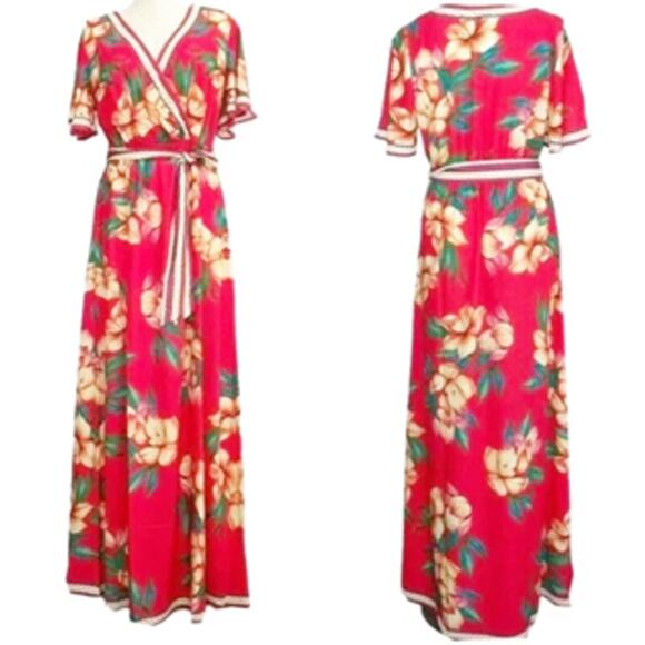 Flying Tomato Vivid Tropical Floral Print Mock Wrap Boho Hippie Maxi Dress (L) - Picture 1 of 13